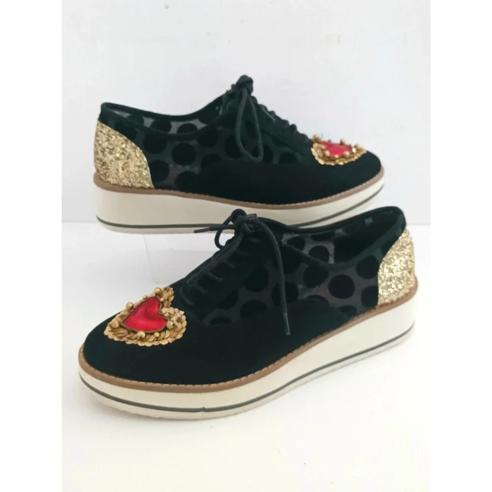 Betsey Johnson Winnie Platform Lace Up Oxford Blk Suede/Mesh Gold Sequin Heart